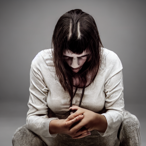 A decapitated woman with her head sitting next to her while she leans on it.