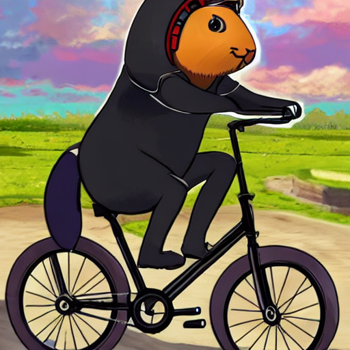 A guinea pig riding a bicycle and wearing a helmet in the anime art style.