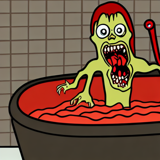 Graphically detailed Close-up of a Zombie with a long tongue licking hair out of a bathtub drain.