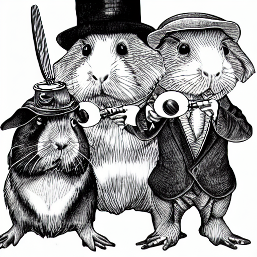 Line art of three guinea pigs holding a magnifying glass and wearing a Sherlock Holmes hat.