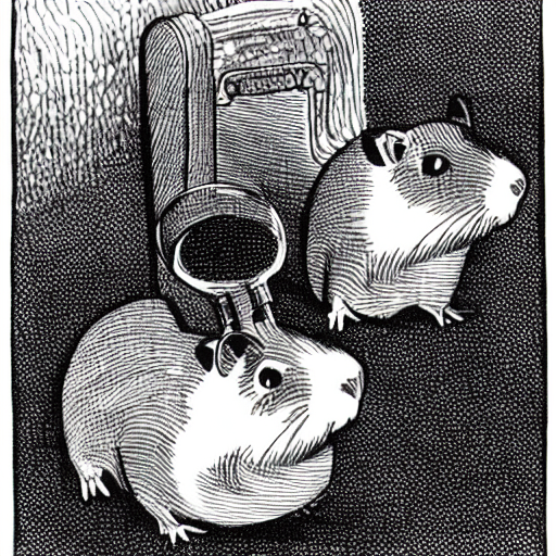Line art of three guinea pigs holding a magnifying glass and wearing a Sherlock Holmes hat. One white, one Calico, and one with long hair.