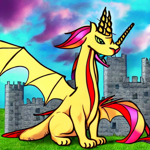 A cat dragon unicorn hybrid attacking a castle