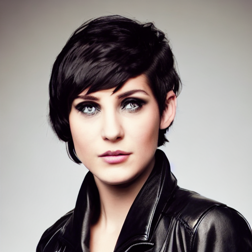 A young woman with a pixie cut and striking hazel eyes, wearing a black leather jacket.