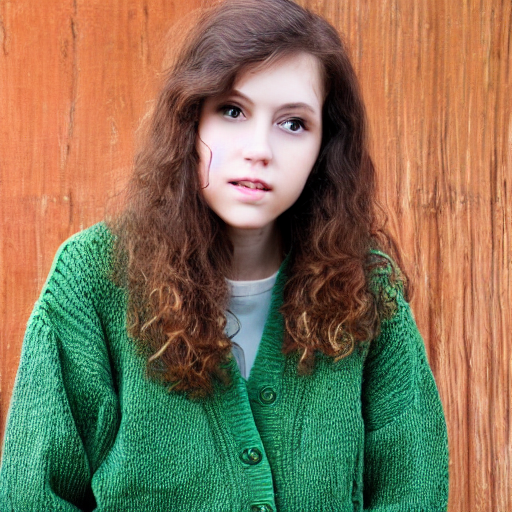 A young woman with a perm and striking green eyes, wearing a cardigan sweater.