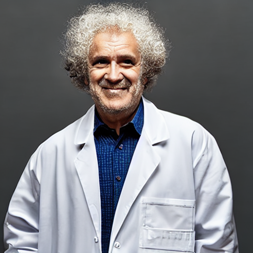 An old man with curly hair and crazy eyes, wearing a lab coat and pocket protector.