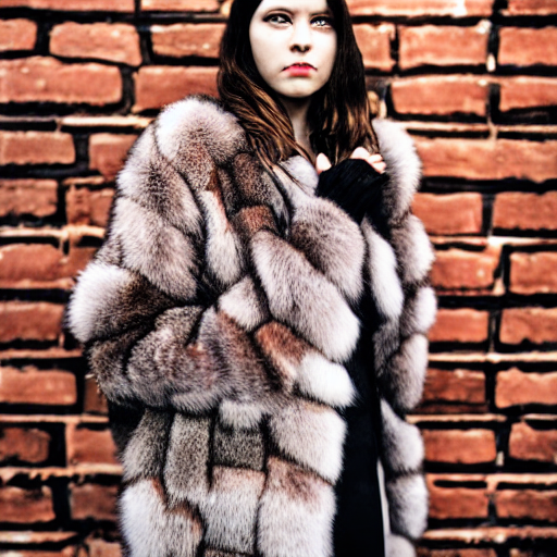 A young woman with hands for hair and rheumy red eyes, wearing a fur coat.