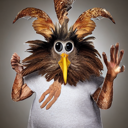 A chicken with human hands, teeth, hazel eyes and a pixie haircut.