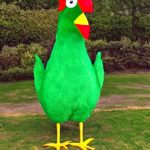 A giant green chicken with vampire teeth