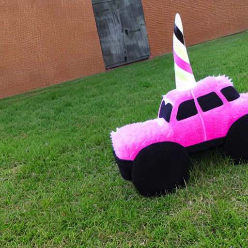 Pink plush monster truck with a unicorn horn and spiked tires