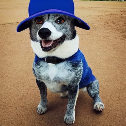 A bipedal blue heeler wearing a baseball hat in anime style.