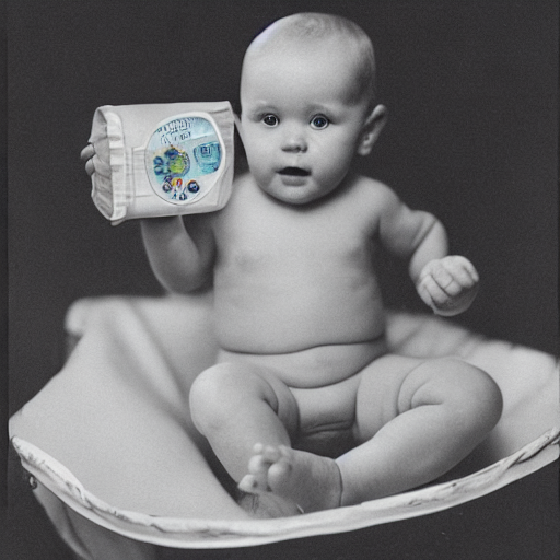 a baby in a cradle wearing a diaper and holding a bottle