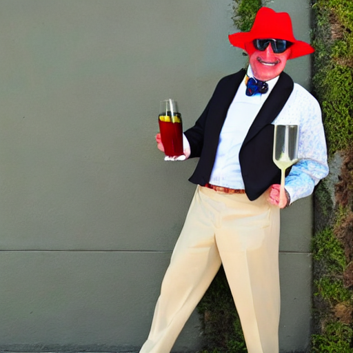 charlie brown with a mustache wearing panama hat, sport coat and dress pants holding a martini with an olive