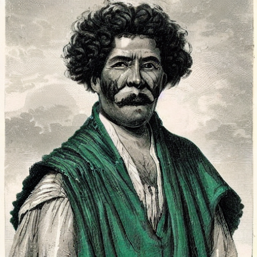 A 19th century Colombian man named Bruno with a big nose, stubble on his face and curly hair  wearing a green poncho.