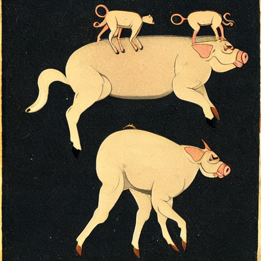 A Siamese cat with a pig snout, and horse hooves riding a three-headed goat over the crest of a rocky peak.