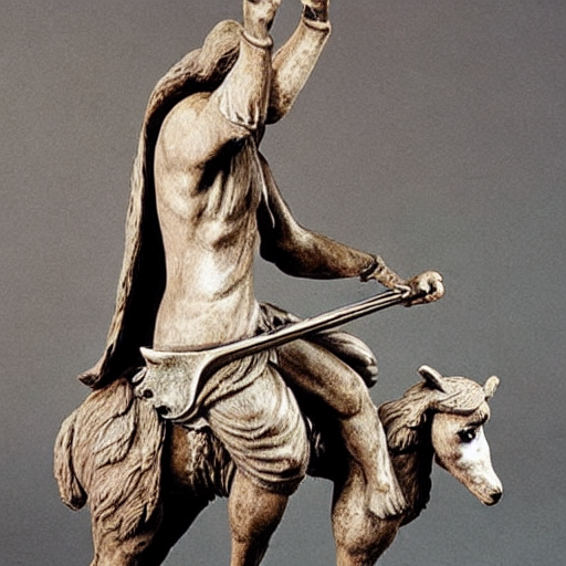 A sculpture in the ancient roan style of Harry Potter riding an Alpaca, while holding a long sword with a fuller.