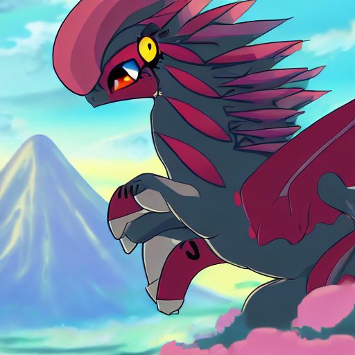 A pony dragon flying over a volcano in the Anime art style.
