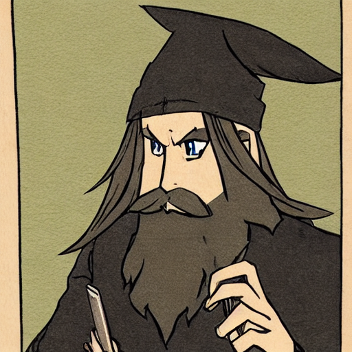 Anime art style wise looking wizard with a pointy hat, and a long beard holding a smartphone and scrutinizing it.