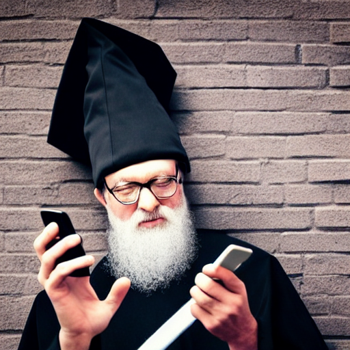 A wise looking wizard with a pointy hat, and a long white beard holding a smartphone and scrutinizing it.