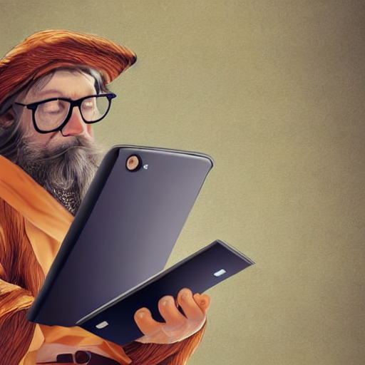 A wizard looking at a smartphone questioningly.