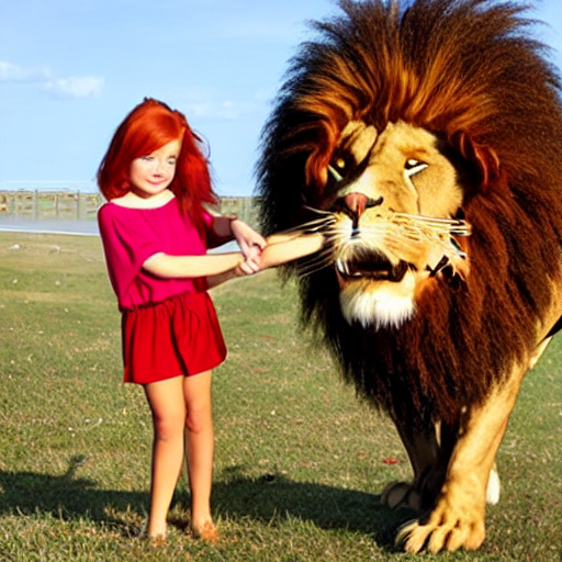 A 6-year-old red haired girl dressed like a lion.