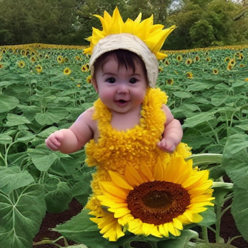 A baby in a sunflower costume.