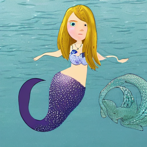 A 9-year old girl mermaid with blonde hair and sapphire earrings.
