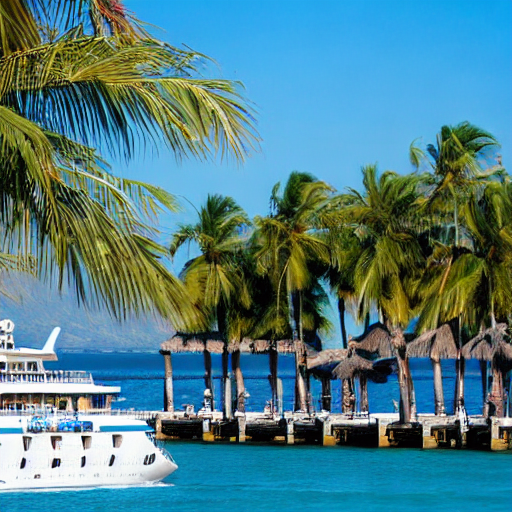 A cruise ship parked at a dock by a beach with clear blue water and s fancy looking resort.  Palm trees, and sunbathers.