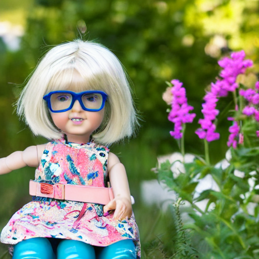 A porcelain child doll with blonde hair wearing turquoise glasses and garden clogs.