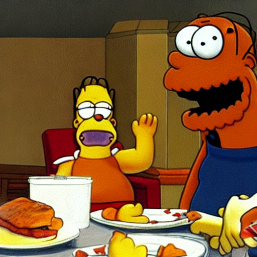 ALF eating a cat at a table next to Homer Simpson.